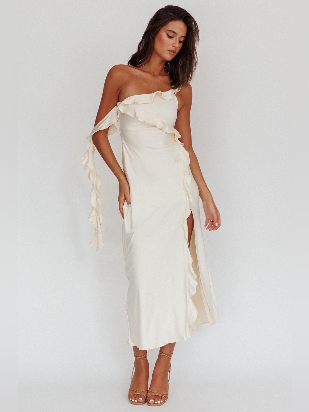 Selfie Leslie Like Yesterday Satin Ruffle Midi Dress Butter NWT Size M